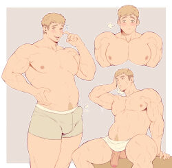 Rule 34 | 1boy, absurdres, bara, blonde hair, blush, bulge, dungeon meshi, erection, erection under clothes, highres, laios touden, large pectorals, male focus, male underwear, muscular, muscular male, naked towel, navel, navel hair, nipples, one eye closed, open mouth, pectorals, penis, rekkinj, short hair, simple background, sitting, smile, testicles, towel, underwear, white male underwear, yellow eyes