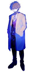 Rule 34 | 1girl, androgynous, azuma (magi-inazuma), brown hair, closed mouth, coat, collared shirt, commentary request, full body, hands in pockets, highres, lab coat, looking at viewer, necktie, original, pants, purple eyes, purple necktie, purple vest, shirt, short hair, simple background, solo, vest, white background, white coat, white shirt