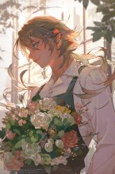 Rule 34 | 1boy, apron, artist name, blonde hair, blue eyes, blurry, blurry background, bouquet, closed mouth, collared shirt, english text, flower, green apron, hair between eyes, hato (dovecot), highres, holding, holding bouquet, leaf, light particles, long hair, long sleeves, looking at viewer, male focus, original, pink flower, profile, red flower, red rose, rose, shirt, signature, solo, standing, sunlight, upper body, watermark, white flower, white rose, white shirt, window