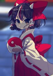 Rule 34 | 1girl, :o, absurdres, alternate universe, back bow, black eyes, black hair, bow, check commentary, child, cobblestone, commentary, commentary request, cone horns, detached sleeves, hair bow, hair tubes, hakurei reimu, highres, holding orb, horns, japanese clothes, kijin seija, kimono, long sleeves, miko, multicolored hair, natsu (tohotiara), open mouth, orb, outdoors, ponytail, red bow, red kimono, red ribbon, ribbon, ribbon-trimmed sleeves, ribbon trim, short hair, sidelocks, streaked hair, teeth, touhou, v-shaped eyebrows, white horns, white sleeves, wide sleeves, yin yang, yin yang orb