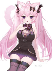 Rule 34 | 1girl, :d, ahoge, animal ear fluff, animal ears, black dress, black thighhighs, bow, breasts, cat ears, cat girl, cat tail, cleavage, cleavage cutout, clothing cutout, dress, frilled dress, frills, hair bow, hair ornament, highres, long hair, looking at viewer, medium breasts, negima (le ne38), nyatasha nyanners, nyatasha nyanners (6th costume), open mouth, pink hair, purple eyes, smile, tail, thighhighs, twintails, virtual youtuber, vshojo