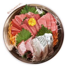 Rule 34 | artist name, bowl, fish (food), food, food focus, from above, highres, leaf, mitomaton, no humans, original, realistic, sashimi, simple background, still life, twitter username, white background