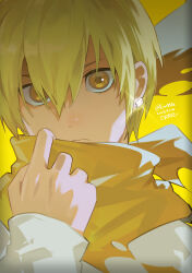 Rule 34 | 1boy, absurdres, blonde hair, dated, durarara!!, earrings, eromkk, hair between eyes, highres, holding, holding clothes, holding scarf, jewelry, kida masaomi, looking at viewer, male focus, scarf, serious, short hair, signature, solo, stud earrings, twitter username, upper body, yellow background, yellow eyes, yellow scarf