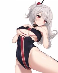 Rule 34 | 1girl, azur lane, bikini, black bikini, blush, breasts, character name, cowboy shot, cross, embarrassed, frown, hair ornament, hair over one eye, hands on own chest, hands up, highleg, highleg swimsuit, hip focus, iron cross, leg tattoo, legs apart, long hair, looking down, looking to the side, medium breasts, mole, mole under eye, red eyes, sa (nax49), side ponytail, solo, spread legs, standing, swimsuit, tattoo, tears, thighs, u-410 (azur lane), underboob, very long hair, white hair