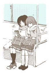 Rule 34 | 1kudamo1, 2girls, bag, bench, closed eyes, closed mouth, hand up, hibike! euphonium, highres, holding, holding phone, jacket, kasaki nozomi, kitauji high school uniform, leaning, leaning on person, liz to aoi tori, loafers, long hair, long sleeves, looking at another, multiple girls, parted lips, phone, pleated skirt, ponytail, scarf, school bag, school uniform, shoes, sitting, skirt, sleeping, smile, sneakers, socks, train, train interior, yoroizuka mizore