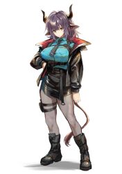 Rule 34 | 1girl, animal ears, arknights, arm at side, black footwear, black jacket, black necktie, black skirt, blue shirt, boots, breasts, collared shirt, commentary, cow ears, cow girl, cow horns, cow tail, full body, hand on own hip, highres, horns, jacket, large breasts, looking at viewer, mutomorokoshi, necktie, open clothes, open jacket, purple hair, shadow, shirt, short hair, sideroca (arknights), simple background, skirt, solo, tail, white background, yellow eyes