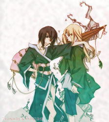 Rule 34 | 2girls, androgynous, black hair, blonde hair, brown eyes, character name, female focus, gradient background, green eyes, hand fan, hand on own hip, hip focus, japanese clothes, kimono, knife, long hair, multiple girls, naruto, naruto (series), oil-paper umbrella, one eye closed, pointing, r0yalbl00d, shizune (naruto), short hair, smile, thigh strap, tsunade (naruto), umbrella, wink