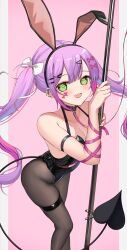 Rule 34 | 1girl, @ @, absurdres, animal collar, animal ears, armlet, bare shoulders, bdsm, black leotard, blush, bondage, bound, bow, breasts, collar, colored inner hair, demon tail, detached collar, ear piercing, fake animal ears, fang, fishnet pantyhose, fishnets, green eyes, hair bow, hair ornament, hairclip, highres, hololive, leash, leotard, long hair, looking at viewer, metal collar, multicolored hair, open mouth, pantyhose, piercing, pink hair, playboy bunny, purple hair, rabbit ears, skin fang, smile, solo, streaked hair, tail, tail ornament, tail piercing, thigh strap, tokoyami towa, twintails, virtual youtuber, x hair ornament, yuni animal (remyi 3)