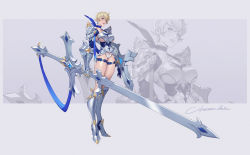 Rule 34 | 1girl, absurdres, armor, armored boots, armored leotard, bikini armor, blonde hair, blue eyes, blue neckwear, boots, breasts, citemer, earrings, full body, gauntlets, greatsword, grey background, highres, huge weapon, jewelry, large breasts, original, pauldrons, shield, short hair, shoulder armor, signature, sword, thigh strap, underboob, weapon