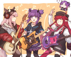 Rule 34 | 4girls, animal ears, arknights, asymmetrical legwear, beanie, black headwear, black legwear, black shirt, black vest, camera, chibi, chibi inset, chinese commentary, closed eyes, commentary request, demon girl, demon horns, demon tail, ears through headwear, electric guitar, feet out of frame, fox ears, fox girl, fox tail, frostleaf (arknights), grey shirt, grin, guitar, hair ornament, hairclip, hat, headphones, hibiscus (arknights), highres, holding, holding camera, holding instrument, horns, implied extra ears, instrument, jacket, jewelry, lava (arknights), long hair, mabing, material growth, medium hair, mismatched legwear, multiple girls, music, musical note, necklace, necktie, off-shoulder shirt, off shoulder, open clothes, open jacket, oripathy lesion (arknights), pantyhose, playing instrument, pointy ears, purple eyes, purple hair, purple skirt, red eyes, red hair, red jacket, red legwear, red neckwear, shirt, short twintails, skirt, smile, tail, teeth, thighhighs, tooth necklace, twintails, vest, vigna (arknights), white shirt