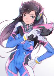 Rule 34 | 1girl, animal print, armor, blue bodysuit, bodysuit, bracer, breasts, breasts apart, brown eyes, brown hair, charm (object), chkuyomi, closed mouth, covered navel, cowboy shot, d.va (overwatch), facepaint, facial mark, finger on trigger, gloves, gun, hand on own hip, hand up, handgun, headphones, high collar, holding, holding gun, holding weapon, legs apart, long hair, long sleeves, looking at viewer, medium breasts, overwatch, overwatch 1, pauldrons, pilot suit, pink lips, rabbit print, ribbed bodysuit, shoulder armor, shoulder pads, signature, simple background, sketch, skin tight, smile, smug, solo, swept bangs, thigh strap, weapon, whisker markings, white background, white gloves