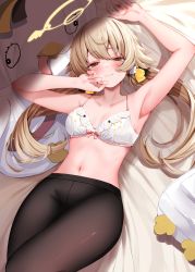 Rule 34 | 1girl, arm up, armpits, bare arms, black pantyhose, blonde hair, blue archive, blush, bra, breasts, brown eyes, closed mouth, cowboy shot, frilled bra, frills, hair flaps, hair ribbon, halo, hand on own face, hifumi (blue archive), highres, looking at viewer, lying, narushima kanna, navel, on back, pantyhose, ribbon, sidelocks, small breasts, solo, stomach, sweatdrop, twintails, underwear, white bra