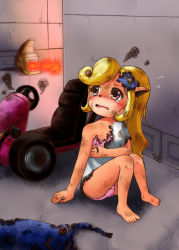 Rule 34 | 1girl, bare shoulders, barefoot, blonde hair, blush, bra, brown eyes, bruise, bruise on face, burnt, burnt clothes, coco bandicoot, crash bandicoot (series), fire, flower, flying sweatdrops, hair flower, hair ornament, hiding, injury, kart, long hair, messy hair, open mouth, overalls, panties, pink bra, pink panties, sakamoto aoi, shirt, solo, tears, torn clothes, torn shirt, underwear, wavy mouth