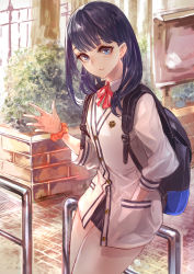 Rule 34 | 10s, 1girl, against railing, backpack, bag, black hair, black skirt, blazer, blue eyes, bow, cardigan, closed mouth, commentary request, gridman universe, hand in pocket, highres, jacket, leaning back, against railing, long hair, long sleeves, looking at viewer, outstretched hand, pleated skirt, railing, red neckwear, school uniform, scrunchie, signo aaa, skirt, solo, ssss.gridman, takarada rikka, thighs, wrist scrunchie
