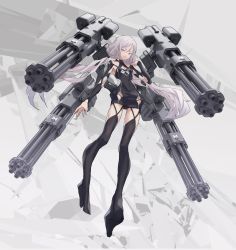 Rule 34 | 1girl, bad id, bad pixiv id, black panties, breasts, cancell, cleavage, closed mouth, garter straps, gatling gun, grey eyes, halterneck, high heels, highres, looking at viewer, mecha musume, original, panties, science fiction, silver hair, small breasts, solo, thighhighs, twintails, underwear