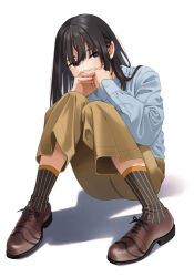 Rule 34 | 1girl, black hair, black socks, blue shirt, blush, brown eyes, brown footwear, brown pants, covered mouth, full body, hands up, interlocked fingers, knees up, long hair, looking at viewer, mattaku mousuke, original, own hands together, pants, shadow, shirt, shoes, simple background, sitting, socks, solo, striped clothes, striped socks, twitter username, vertical-striped clothes, vertical-striped socks, white background