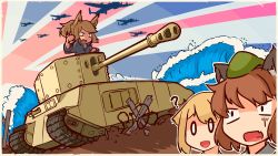 Rule 34 | 3girls, ?, aircraft, airplane, animal ears, blonde hair, bomber, borisx, brown hair, cat ears, chen, hat, highres, military, military vehicle, mob cap, motor vehicle, multiple girls, open mouth, original, short hair, silhouette, tank, touhou, union jack, vehicle, vehicle focus