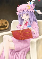 Rule 34 | 2girls, armband, behind another, black vest, blunt bangs, book, bosutonii, crescent, crescent hair ornament, crossed legs, double bun, feet out of frame, hair bun, hair ornament, hand on own chin, hat, highres, holding, holding book, holding ribbon, jack-o&#039;-lantern, koakuma, light purple hair, lips, long hair, looking down, mob cap, multiple girls, necktie, open book, out of frame, parted lips, patchouli knowledge, pink headwear, pink robe, purple eyes, reading, red neckwear, ribbon, robe, shirt, sitting, standing, touhou, tying, very long hair, vest, waistcoat, white shirt, witch hat
