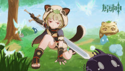 Rule 34 | absurdres, animal ears, animal hood, arm guards, ass, bike shorts, black gloves, black scarf, black shorts, blurry, bush, cat, claymore (sword), depth of field, fake animal ears, fake tail, fighting stance, fingerless gloves, fishnets, fleeing, genshin impact, gloves, greatsword, highres, holding, holding sword, holding weapon, hood, japanese clothes, kneeling, leaf, leaf on head, mao mao zhao 100418, muji-muji daruma (genshin impact), ninja, obi, raccoon ears, raccoon hood, raccoon tail, sash, sayu (genshin impact), scarf, shorts, shuriken, slime (genshin impact), solo, sword, tail, tree, vision (genshin impact), weapon