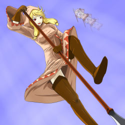 Rule 34 | 1girl, blonde hair, boots, final fantasy, final fantasy tactics, final fantasy tactics: hakuma doushi shibari, gloves, habusi, highres, hood, jumping, long hair, polearm, red eyes, robe, spear, thigh boots, thighhighs, weapon, white mage, white mage (fft), white mage (final fantasy)