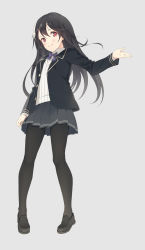 Rule 34 | 1girl, black hair, black pantyhose, blazer, blush, bow, full body, highres, jacket, loafers, long hair, looking at viewer, original, pantyhose, pleated skirt, school uniform, shoes, simple background, skirt, smile, solo, uniform, yoshino ryou