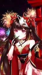Rule 34 | 1girl, :d, absurdres, bare shoulders, bell, black choker, black gloves, bow, brown hair, choker, criss-cross halter, dress, finger to mouth, fireworks, fox mask, gloves, gradient hair, hair bow, halterneck, highres, honkai: star rail, honkai (series), long hair, looking at viewer, mask, mask on head, multicolored hair, neck bell, night, o-ring, open mouth, outdoors, outstretched arm, pink eyes, red bow, red dress, red hair, red sleeves, rizan tatsuya, short sleeves, sidelocks, single glove, sleeveless, sleeveless dress, smile, solo, sparkle (honkai: star rail), torii, twintails, upper body