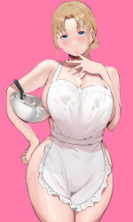 Rule 34 | 1girl, apron, blonde girl (okpriko), blonde hair, blue eyes, bowl, breasts, cream, cream on face, finger sucking, food, food on face, hand on own hip, highres, holding, holding bowl, large breasts, looking at viewer, medium hair, mixing bowl, naked apron, okpriko, original, pink background, short ponytail, solo, whisk, white apron