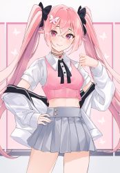 Rule 34 | 1girl, absurdres, bow, breasts, choker, cowboy shot, crop top, grey skirt, hair bow, hair ornament, hand on own hip, hand up, highres, indie virtual youtuber, jacket, lebring, long hair, long sleeves, looking at viewer, medium breasts, midriff, miniskirt, neck ribbon, off shoulder, open clothes, open jacket, pink eyes, pink hair, pink shirt, pleated skirt, ribbon, ronarona, shirt, short sleeves, skirt, sleeveless, sleeveless shirt, smile, solo, standing, thighs, twintails, undershirt, very long hair, virtual youtuber, white jacket, white shirt