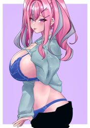 Rule 34 | 1girl, azur lane, bra, breasts, bremerton (azur lane), clothes lift, ear piercing, highres, hood, hoodie, hoodie lift, large breasts, panties, piercing, pink eyes, pink hair, tongue, tongue out, twintails, underwear, undressing, ura tomoya