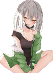Rule 34 | 1girl, :d, bandaged arm, bandaged fingers, bandages, bandaid, bandaid on breast, bandaid on leg, black shirt, blush, breasts, cleavage, fang, feet out of frame, green jacket, grey hair, highres, jacket, kamu (geeenius), long hair, long sleeves, looking at viewer, mask, mask pull, mole, mole on breast, monster energy, mouth mask, multicolored hair, off shoulder, open mouth, original, shirt, simple background, sitting, smile, solo, streaked hair, white background, yellow eyes