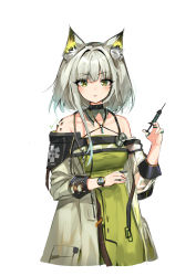 Rule 34 | 1girl, absurdres, animal ear fluff, animal ears, arknights, bare shoulders, cat ears, cropped torso, detached collar, dress, green dress, green eyes, grey jacket, hand up, highres, holding, jacket, kal&#039;tsit (arknights), ku-ini, long sleeves, looking at viewer, material growth, off-shoulder jacket, off shoulder, open clothes, open jacket, oripathy lesion (arknights), parted lips, short hair, silver hair, simple background, solo, spaghetti strap, syringe, white background