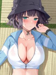Rule 34 | 1girl, absurdres, black headwear, blue archive, blue eyes, blush, breasts, cleavage, highres, hizuki higure, large breasts, looking at viewer, lying, on back, on floor, partially unzipped, purple hair, saki (blue archive), saki (swimsuit) (blue archive), short hair, solo