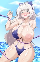 Rule 34 | 1girl, areola slip, azur lane, bikini, blue sky, blush, bound, bound wrists, bow, breasts, curvy, gluteal fold, grey eyes, hair bow, highres, huge breasts, kumanosita, large areolae, long hair, looking at viewer, nipples, official alternate costume, one breast out, open mouth, purple bikini, purple bow, restrained, shiny skin, sky, solo, swimsuit, tentacles, torn clothes, torn swimsuit, very long hair, vittorio veneto (azur lane), vittorio veneto (the flower of la spezia) (azur lane), water, white hair, wide hips