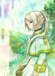 Rule 34 | 1girl, artist name, bubble, capelet, co-li star, commentary request, dangle earrings, earrings, elf, frieren, green eyes, jewelry, long hair, long sleeves, looking at viewer, outdoors, painting (medium), parted bangs, pointy ears, solo, sousou no frieren, suitcase, traditional media, twintails, watercolor (medium), white capelet, white hair