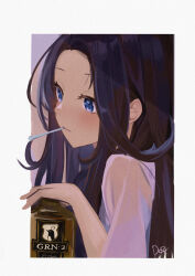 Rule 34 | 1girl, absurdres, black hair, blue eyes, blush, border, closed mouth, dora (dr3032), eyelashes, film grain, forehead, grey border, hand up, highres, long hair, looking to the side, mouth hold, project gen2, rinne adegawa, short sleeves, sidelocks, signature, solo, upper body, utensil in mouth, virtual youtuber, white border