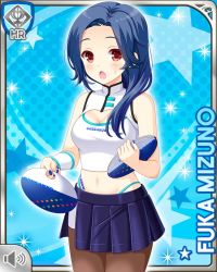 Rule 34 | 1girl, :o, alternate costume, black pantyhose, blue background, blue hair, blue skirt, breasts, card (medium), cleavage, cleavage cutout, clothing cutout, game show, girlfriend (kari), glasses, holding, midriff, mizuno fuka, navel, official art, open mouth, pantyhose, pleated skirt, qp:flapper, red eyes, scrunchie, shirt, skirt, tagme, white shirt