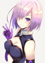 Rule 34 | 1girl, breasts, cleavage, elbow gloves, fate/grand order, fate (series), gloves, grey background, hair over one eye, kether, looking at viewer, mash kyrielight, medium breasts, midriff, pink hair, purple eyes, purple gloves, short hair, simple background, smile, solo, stomach, upper body