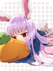 Rule 34 | 1girl, :t, animal ears, blazer, blue jacket, blush, commentary, dotted background, face in pillow, grey skirt, highres, jacket, long hair, long sleeves, looking at viewer, lying, nikorashi-ka, hugging object, on stomach, pillow, pillow hug, pink hair, pleated skirt, rabbit ears, rabbit girl, rabbit tail, red eyes, reisen udongein inaba, skirt, solo, tail, touhou