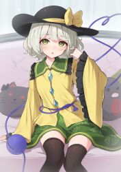 Rule 34 | 1girl, :o, black hat, black thighhighs, blush, bow, character doll, closed eyes, collar, commentary, couch, dress, feet out of frame, frilled collar, frilled sleeves, frills, green dress, hat, hat bow, heart, highres, kaenbyou rin, kaenbyou rin (cat), kanpa (campagne 9), komeiji koishi, looking at viewer, on couch, reiuji utsuho, reiuji utsuho (bird), shirt, sitting, solo, sun hat, thighhighs, third eye, touhou, twirling hair, wide sleeves, yellow shirt, zettai ryouiki