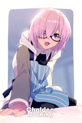 Rule 34 | 1girl, apron, black-framed eyewear, black dress, blue apron, blush, commentary request, dress, echo (circa), english text, fate/grand order, fate (series), glasses, grey jacket, hair over one eye, hood, hood down, hooded jacket, jacket, long sleeves, looking at viewer, mash kyrielight, multicolored clothes, multicolored jacket, on bed, one eye covered, open clothes, open jacket, open mouth, pink hair, purple eyes, short hair, sitting, smile, solo, twitter username, two-tone jacket, white jacket