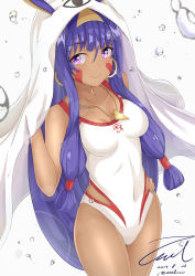 Rule 34 | 1girl, artist name, bad id, bad pixiv id, blush, breasts, cleavage, closed mouth, collarbone, dark-skinned female, dark skin, dated, earrings, fate/grand order, fate (series), hoop earrings, jewelry, large breasts, long hair, looking at viewer, medjed (fate), nitocris (fate), nitocris (swimsuit assassin) (second ascension) (fate), one-piece swimsuit, purple eyes, purple hair, signature, smile, solo, swimsuit, unel1211