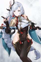 Rule 34 | 1girl, anizi, blue nails, bodysuit, braid, breast curtain, breasts, bridal gauntlets, capelet, chinese clothes, closed mouth, covered navel, detached sleeves, earrings, genshin impact, gold trim, grey eyes, hair ornament, hand up, highres, hip vent, holding, holding polearm, holding weapon, jewelry, kuji-in, large breasts, long hair, low-braided long hair, low-tied long hair, nail polish, polearm, shenhe (genshin impact), silver hair, single earring, skin tight, solo, tassel, tassel earrings, thigh gap, very long hair, weapon