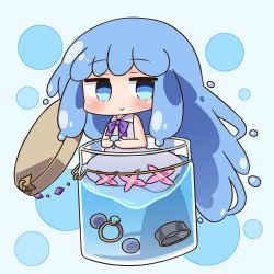 Rule 34 | 10s, 1girl, :&gt;, bare arms, bare shoulders, blue background, blue eyes, blue hair, blush, bow, closed mouth, collared dress, commentary request, dress, flower, hana kazari, in container, jar, jewelry, long hair, looking at viewer, merc (merc storia), merc storia, pink flower, purple bow, ring, sleeveless, sleeveless dress, solo, very long hair, water, white dress