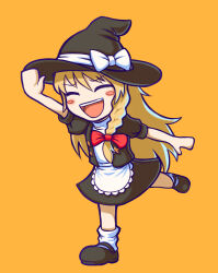 Rule 34 | 1girl, :d, adapted costume, apron, black footwear, black hat, black jacket, black skirt, blonde hair, blush stickers, bow, braid, closed eyes, commentary request, cookie (touhou), full body, hair bow, hat, hat bow, highres, jacket, kirisame marisa, long hair, mary janes, medium bangs, open clothes, open mouth, open shirt, orange background, puffy short sleeves, puffy sleeves, shirt, shoes, short sleeves, side braid, simple background, single braid, skirt, smile, solo, star (symbol), suzu (cookie), teeth, touhou, tsukuru hajime, upper teeth only, waist apron, waving, white bow, white shirt, witch hat