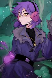 Rule 34 | 1girl, amity blight, belt, black shirt, bottle, cave, clay, closed mouth, earmuffs, finger gun, frown, gloves, grey gloves, hand up, highres, holding, holding staff, iotxva, jacket, key, magic, purple hair, purple jacket, shirt, short hair, snow, solo, staff, stalactite, the owl house, witch, yellow eyes