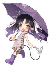 Rule 34 | 1girl, :d, absurdres, aran sweater, black hair, black ribbon, blush, boots, bow, breasts, brown thighhighs, cable knit, chibi, commentary request, demon girl, demon horns, demon tail, dress, full body, grey sweater, hair bow, highres, holding, holding umbrella, horns, kojo anna, kojo anna (3rd costume), leg ribbon, long hair, looking at viewer, medium bangs, meme attire, multicolored hair, nanashi inc., official alternate costume, open mouth, parted bangs, pointy ears, purple footwear, purple hair, purple umbrella, ribbed sweater, ribbon, robou no stone, rubber boots, sideboob, simple background, single thighhigh, sleeveless, sleeveless sweater, small breasts, smile, solo, sweater, sweater dress, tail, thighhighs, transparent background, turtleneck, turtleneck sweater, twintails, two-tone hair, umbrella, virgin killer sweater, virtual youtuber, walking, white bow, yellow eyes