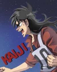 Rule 34 | 1boy, black eyes, black hair, brown shirt, character name, clenched hand, commentary request, fukumoto nobuyuki (style), hei88, itou kaiji, kaiji, long hair, looking afar, male focus, medium bangs, night, open mouth, pointy nose, profile, race bib, shirt, short sleeves, shouting, sky, solo, star (sky), starry sky, teeth, upper body, upper teeth only, v-shaped eyebrows