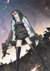 Rule 34 | 1girl, asagiri asagi, assault rifle, belt, black eyes, black hair, black thighhighs, boots, bullpup, disgaea, gun, hair ornament, hairclip, highres, jacket, long hair, nippon ichi, prinny, rifle, short shorts, shorts, tamazen, thigh boots, thighhighs, trigger discipline, weapon