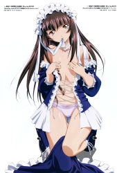 Rule 34 | 00s, 1girl, absurdres, bare shoulders, blouse, blue shirt, blue socks, blunt bangs, breasts, brown hair, copyright name, covering breasts, covering privates, female focus, frilled shirt, frills, full body, gothic lolita, head tilt, highres, ikkitousen, lace, lace-trimmed legwear, lace trim, lolita fashion, long hair, looking at viewer, no bra, official art, on one knee, open clothes, open shirt, panties, purple panties, shiny skin, shirt, simple background, small breasts, smile, socks, solo, ten&#039;i (ikkitousen), thighs, underwear, unfastened, white background