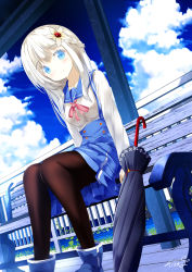 Rule 34 | 1girl, arm support, bad id, bad pixiv id, bench, black pantyhose, blue eyes, blue footwear, blue sailor collar, blue skirt, blue sky, boots, chinomaron, closed umbrella, cloud, collarbone, commentary request, day, highres, long hair, long sleeves, on bench, original, outdoors, pantyhose, park bench, sailor collar, school uniform, serafuku, shirt, signature, sitting, skirt, sky, solo, suspender skirt, suspenders, umbrella, very long hair, white hair, white shirt